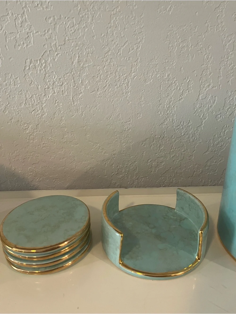 Williams Sonoma Aerin Turquoise Ice Bucket W/ 24kt Gold  Trim +Coasters